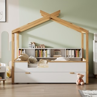 Wooden Full Size House Bed with Original Wood Colored Frame Twin Size Trundle and Bookshelf Storage Space for Kids,White