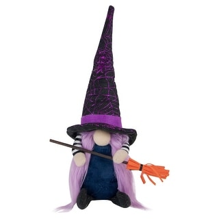 14" Black and Purple Witch Gnome with Broom Indoor Halloween Figure