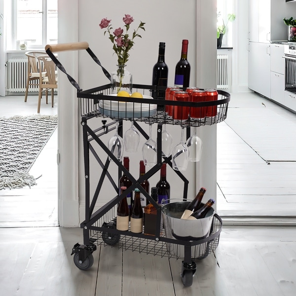 Modern Metal Folding 2-tier Bar Cart with wheels Indoor and Outdoor