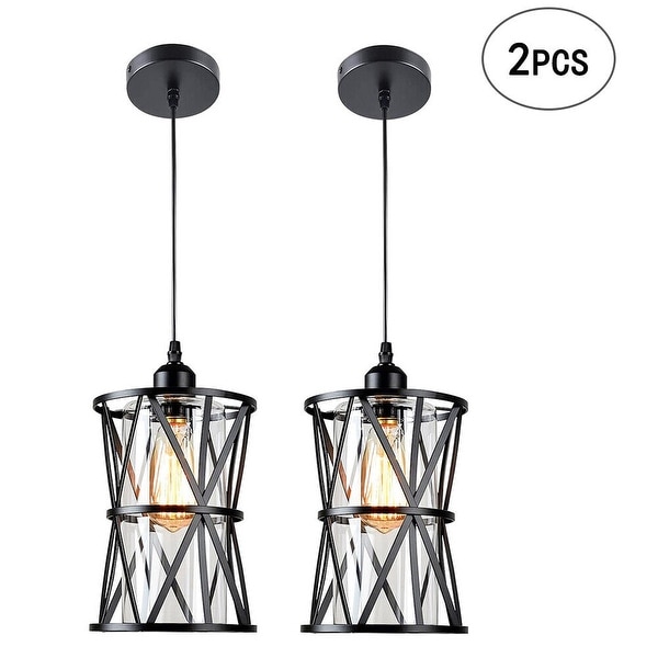 Farmhouse Black Cylinder Drum Chandelier Kitchen Island Pendant Light - 2 packs