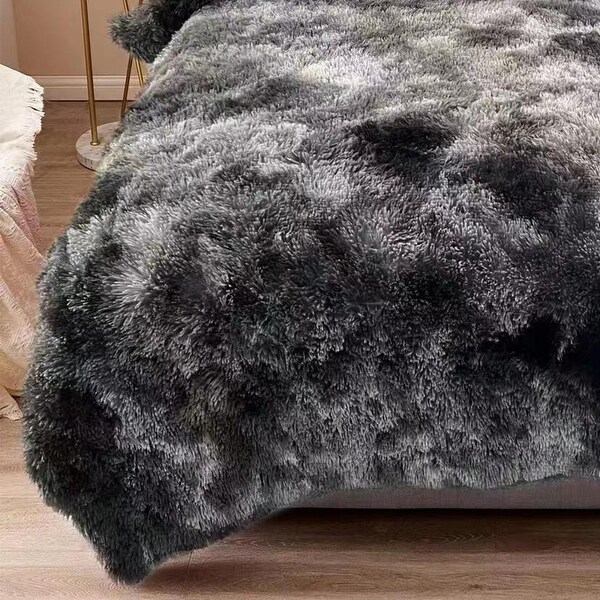 Fluffy Shaggy Comforter Set with 2 Pillowcases Queen Tie Dyed Black