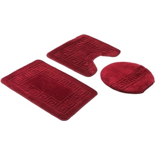 Bath Set 3 Piece Anti-Slip Burgundy Patchwork Bathroom Mat, Large Contour Mat & Toilet Seat Lid Cover