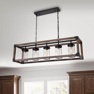 Daniela 5-light Antique Black Metal and Natural Wood Glass Chandelier