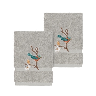 Authentic Hotel and Spa Turkish Cotton Blue Bird Embroidered Light Grey 2-piece Washcloth Set