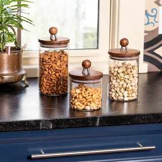 Acacia and Glass Kitchen Canisters (Set of 3)