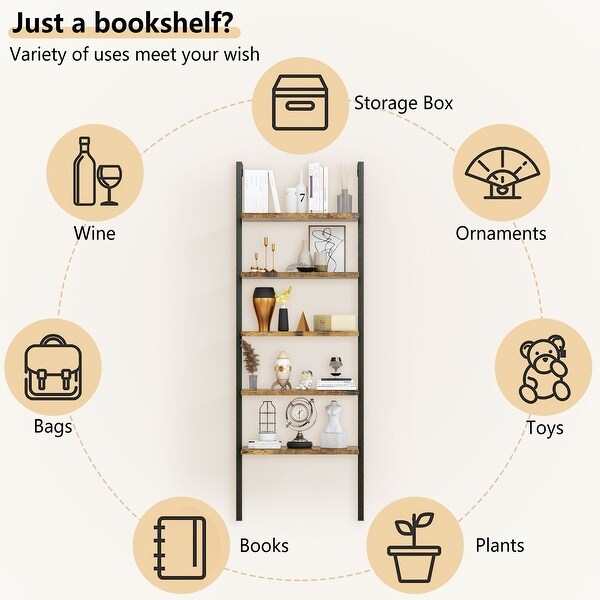Modern Ladder Shelf, 5-Tier Open Wall-Mounted Bookshelf, Display Wood Shelves with Stable Metal Frame, Plant Flower Stand