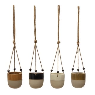 Set of 4, 4.5"H Stoneware Planter with Bead Hanger, 4 Styles