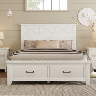Rustic Farmhouse Style Queen Storage Panel Bed with Two Drawers