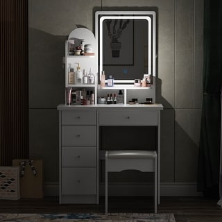Makeup Vanity Set wi/Lighted Mirror, Storage Shelves and Drawers White - 31.5"L x 15.7"W x 55.1"H
