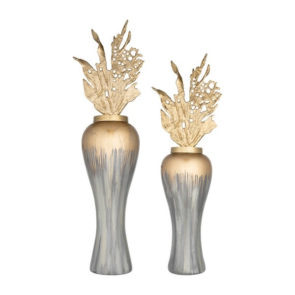 Sagebrook Home 43"H Metal Vase With Leaf Like Lid, Wickhom Gray, Cylinder, Glass, Contemporary, 43"H, Ombre