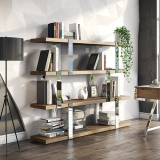 Modrest Brewer Modern Walnut Glass & Stainless Steel Bookshelf