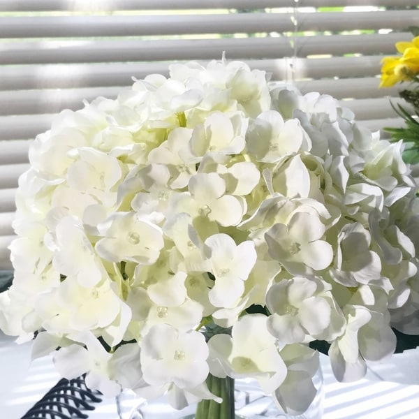 Enova Home 10 Stems Cream Artificial Silk Hydrangea Fake Flowers in Round Clear Glass Vase with Faux Water for Home Decoration