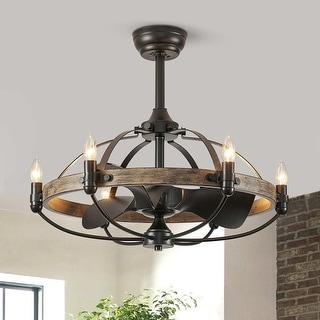 27-Inch Grey Brown Ceiling Fan with Light Remote Control 6-Light Wagon Wheel Modern Farmhouse Chandelier Caged Ceiling Fan