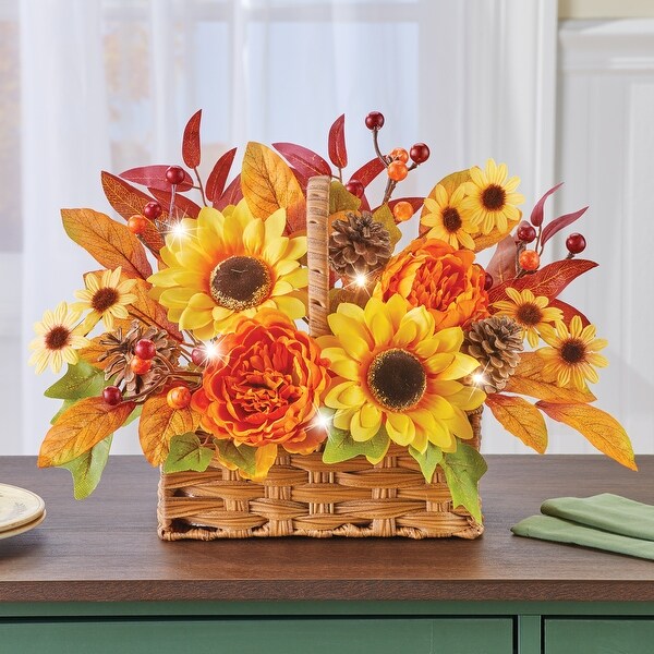 LED Lighted Autumn Floral Basket Decoration - 10.130 x 9.500 x 7.130