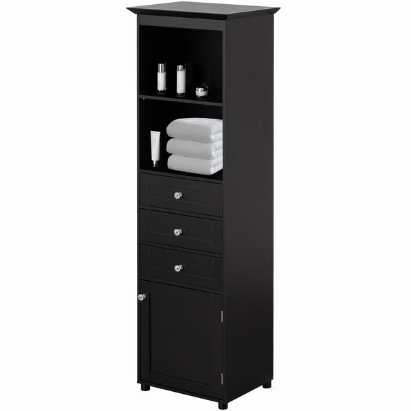 Tall Freestanding Storage Organizer Linen Tower, Vanity Closet, Bathroom Cabinet with 2 Open shelves, 3 Drawers, and a Closet