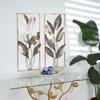 Gold Metal Metallic Cutout Leaf Wall Decor with Silver Accents (Set of 2)
