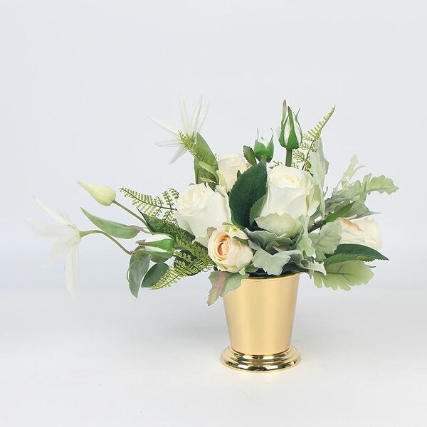FloralGoods White Rose and Green Leaf Small Bouquet with Gold Metal Vase