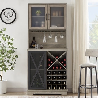 Farmhouse Wine Cabinet , Large Capacity Kitchen Sideboard Storage Cabinet With Wine Rack And Glass Holder