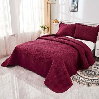 3pcs 100% Cotton Bedspread Set Coverlet Lightweight Quilt King Wine
