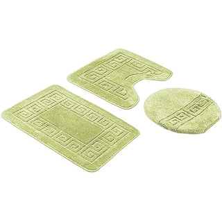 Bath Set 3 Piece Anti-Slip Sage Green Patchwork Bathroom Mat, Large Contour Mat & Toilet Seat Lid Cover