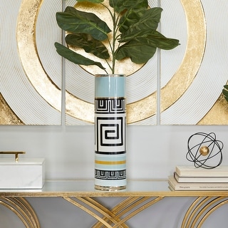 Teal White Black Stoneware Modern Abstract Cylinder Vase