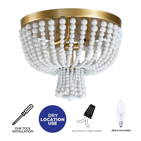3-Light Gold Finish Wood Beads Flush Mount