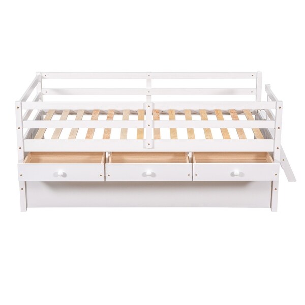 Twin Low Loft Bed with Climbing Ladder, Storage Drawers, Twin Trundle & Full Safety Fence, No Box Spring Required, White