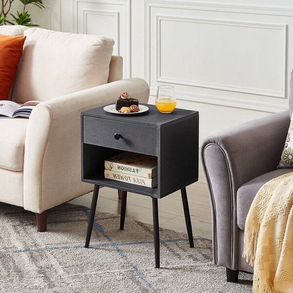 VECELO Mid Century Modern 1-Drawer Nightstand with Storage Shelf