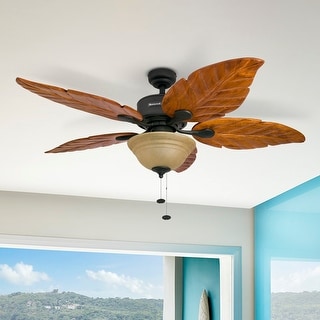 Honeywell Sabal Palm Tropical Ceiling Fan w/ Sunset Bowl Light, Five Hand Carved Wooden Leaf Blades, Bronze - 52-inch