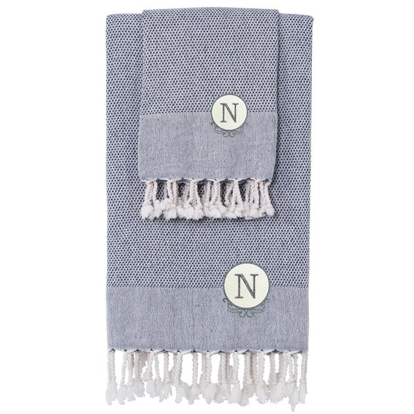 Authentic Hotel and Spa 100% Turkish Cotton Personalized Fun in Paradise Pestemal Beach and Hand Towel Set, Navy