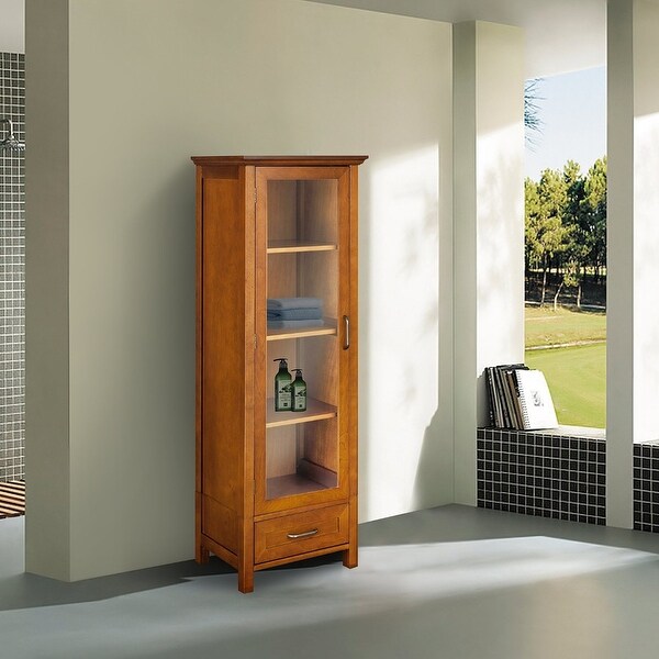 Oak Finish Linen Tower Glass Door Bathroom Storage Cabinet w/ Drawer - 13.5 x 48.5 x 17 inches