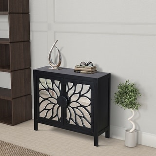 32 Inch Rustic Accent Storage Sideboard Cabinet with Flower Design Mirrored Front, 2 Doors, Black