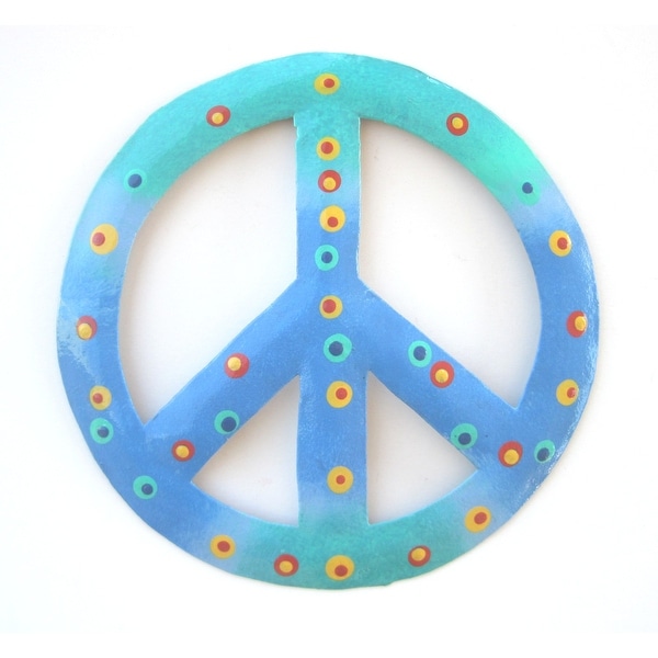 Coastal Teal Blue Peace Sign 8 Inch Wall Decor Haitian Metal