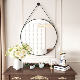 Wall Mounted Decor Bathroom Mirror with Hanging Leather Strap Black