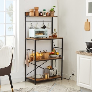 Bakers Rack with Power Outlet, Microwave Stand with 10 S-Shaped Hooks, 3 Tier, Coffee Bar, Kitchen Storage Shelf, Brown