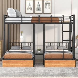 Full Over Twin and Twin Metal Triple Bunk Bed with Drawers and Guardrails