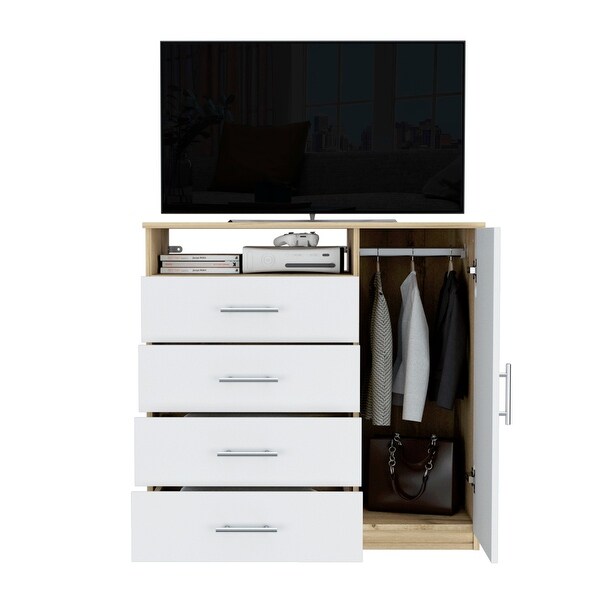 TUHOME Peru 4 Drawer Dresser with Vertical Cupboard & Open Shelf