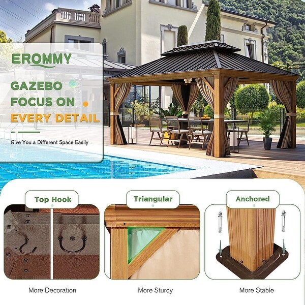 Erommy Hardtop Gazebo, Wooden Finish Coated Aluminum Frame w Galvanized Steel Double Roof with Premium Curtains and Netting