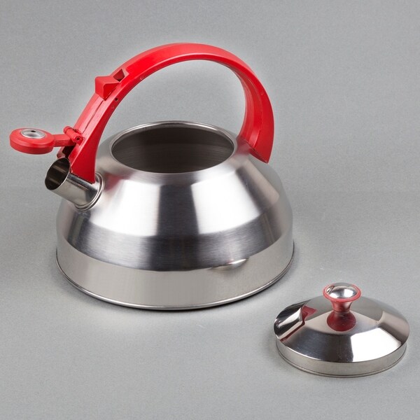 Creative Home Steppes 2.8 Quart Stainless Steel Whistling Tea Kettle with Aluminum Capsulated Bottom, Red Handle and Knob