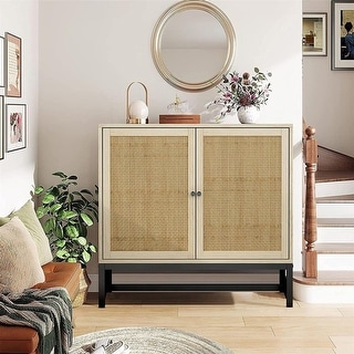 Eureka Accent Storage Cabinet, Boho Farmhouse Rattan Sideboard Buffet with Doors and Shelves, Wooden Cupboard Console Table