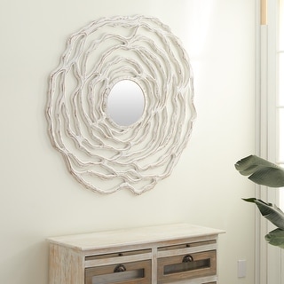 The Novogratz White Wood Carved Floral Wall Mirror with Cutout Design - 45 x 1 x 45Round