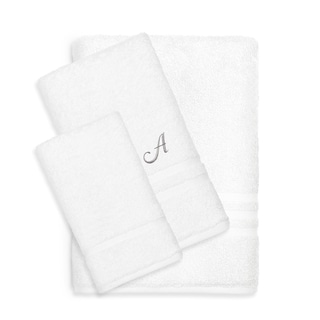 Authentic Hotel and Spa Omni Turkish Cotton Terry 3-piece White Bath Towel Set with Grey Script Monogrammed Initial
