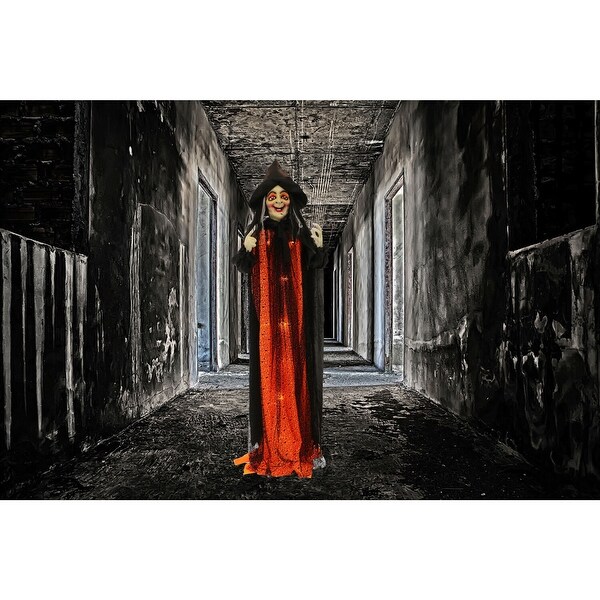 Haunted Hill Farm 5.42-ft. Standing Witch, Indoor/Covered Outdoor Halloween Decoration, LED Red Eyes, Poseable, Scarlet