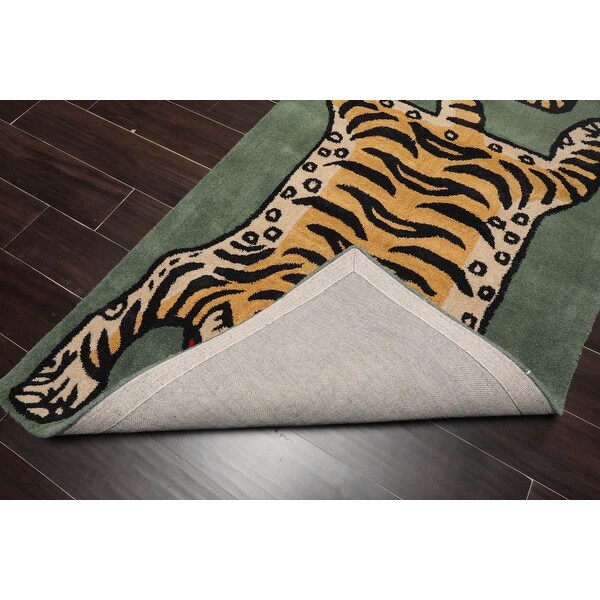 Hand Tufted Hand Made Wool Tiger Novelty Oriental Area Rug Celadon - 3' x 5'