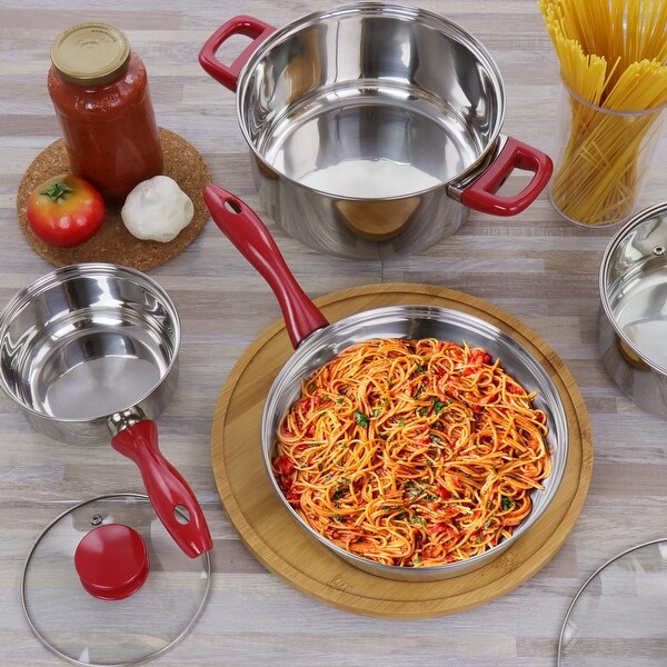 Gibson Home Crawson 7 Piece Stainless Steel Cookware Set in Chrome with Red Handles