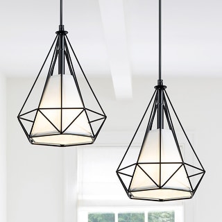 Farmhouse Black Pendant Light Fixtures with White Fabric Shade 2 Pack
