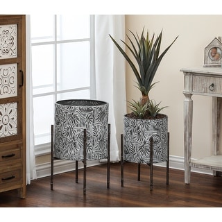 Coastal Distressed White and Grey Metal Cachepot Planters with Metal Stand (Set of 2)