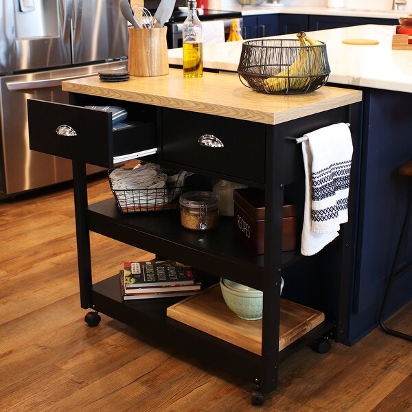 Farmhouse Style Kitchen Island Cart with Drawers and Shelves - Black