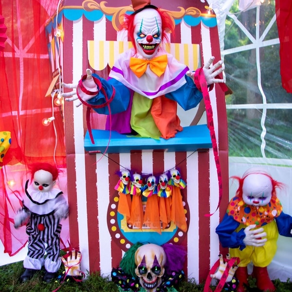 Haunted Hill Farm 2-ft. Animatronic Clown, Indoor/Outdoor Halloween Decoration, Red LED Eyes, Battery-Operated, Bobo