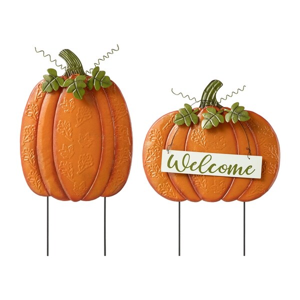 Glitzhome Set of 2 Fall Metal Embossed Glitter Pumpkin Yard Stake or Porch Decor (KD)